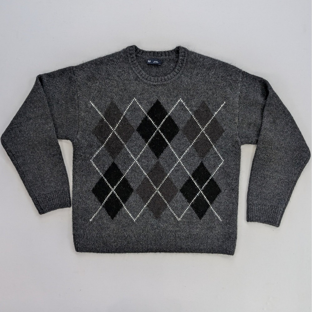 GAP Brushed Argyle Sweater Medium Gray Wool Alpaca Blend
